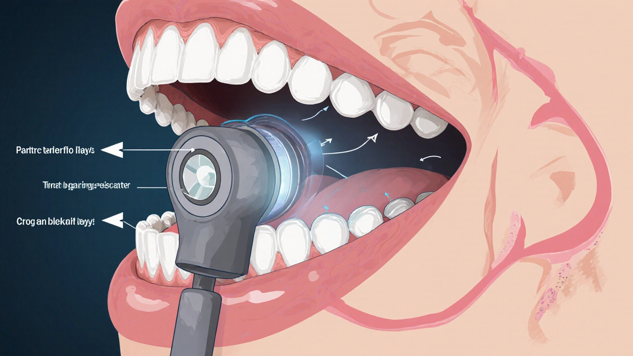 Dentální zrcátko odráží světlo do skrytých oblastí úst, ukazuje strukturu zubů a dásní.