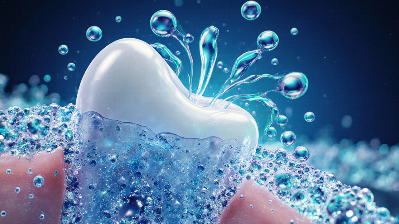 Detailní digitální ilustrace zubů v tekutině s bublinami cavitace během ultrazvukového čištění.