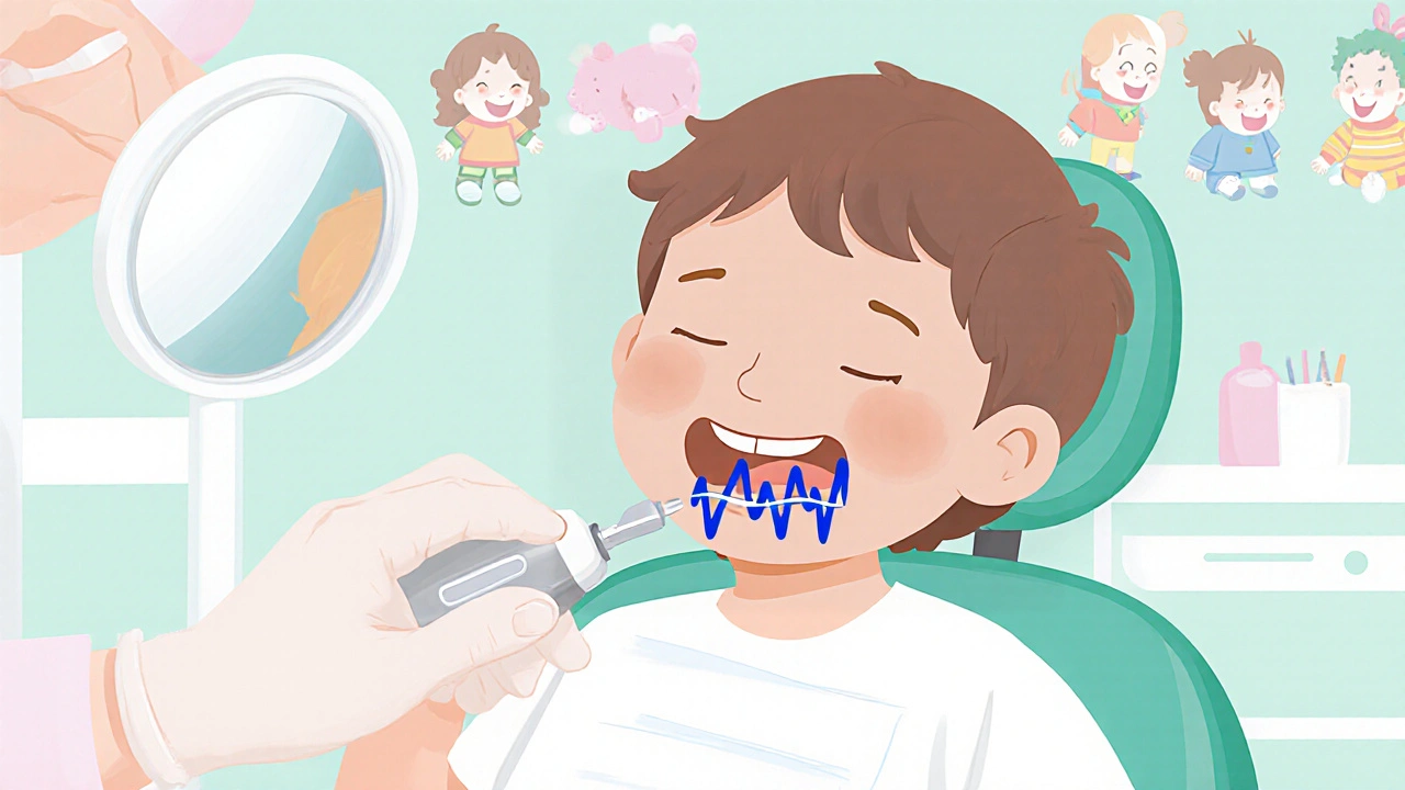 Dětský zubní lékař odstraňuje zubní kámen během klidné návštěvy.