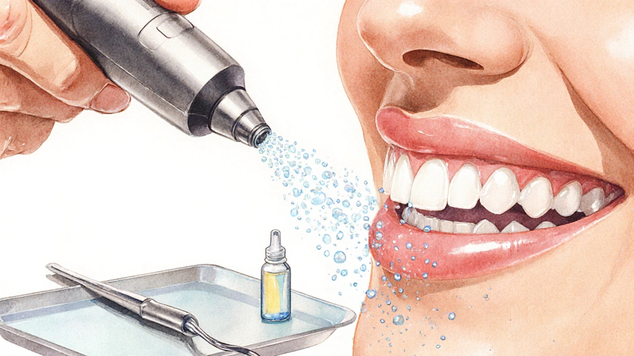 Ilustrace hygienistky s ultrazvukovým scalerem, ručním scalerem a gelem.