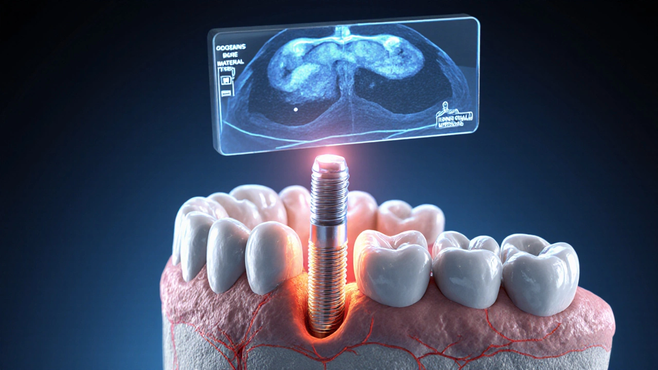 Ilustrace znázorňující zavedení titaniového implantátu do čelistní kosti.
