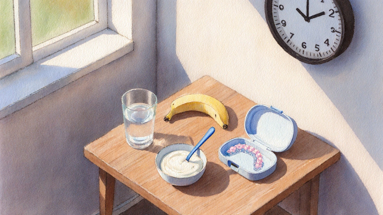 Jídelní stůl s vodou, jogurtem, banánem a rovnátky během 30‑minutové pauzy po čištění.