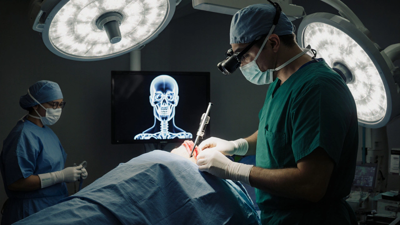 Operace ortognátní, chirurg řeže čelist pod operačními světly.