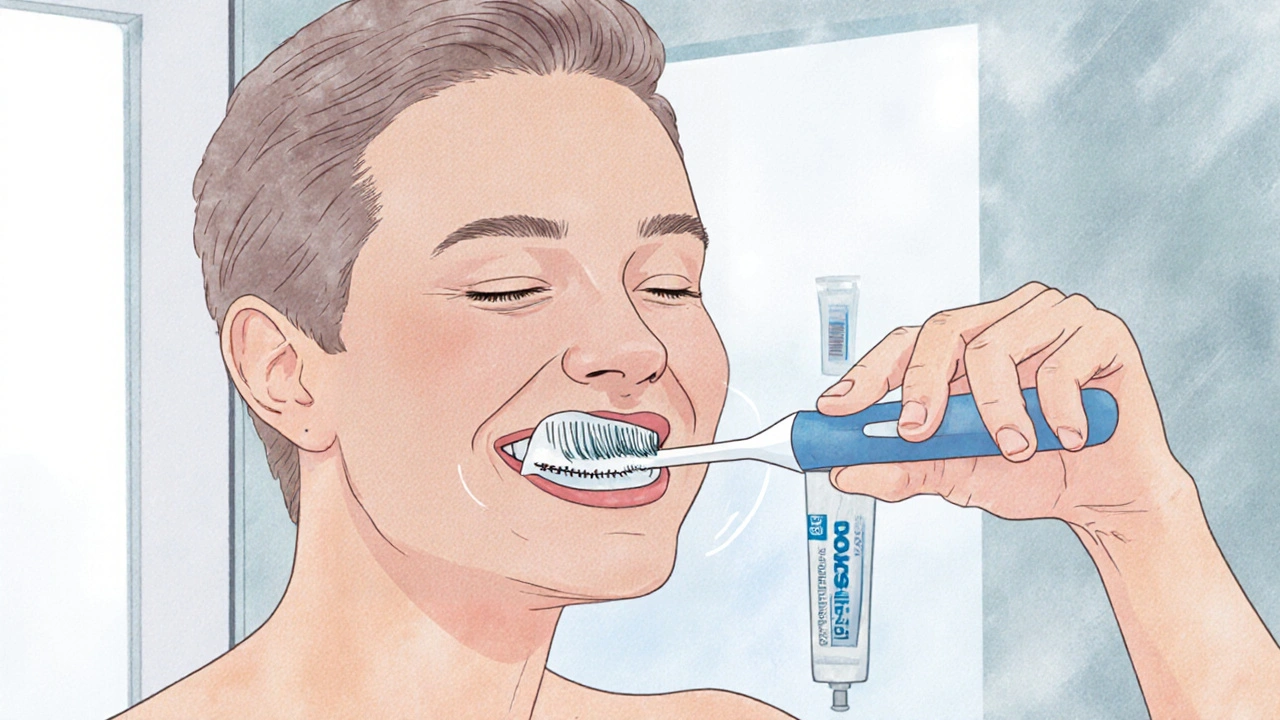Osoba čistí zuby kartáčkem Curaprox pod úhlem 45°, krouživým pohybem.