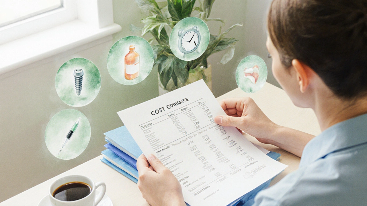 Osoba porovnává cenovou nabídku trhání zubu, obklopena symboly skrytých nákladů jako implantát a antibiotika.