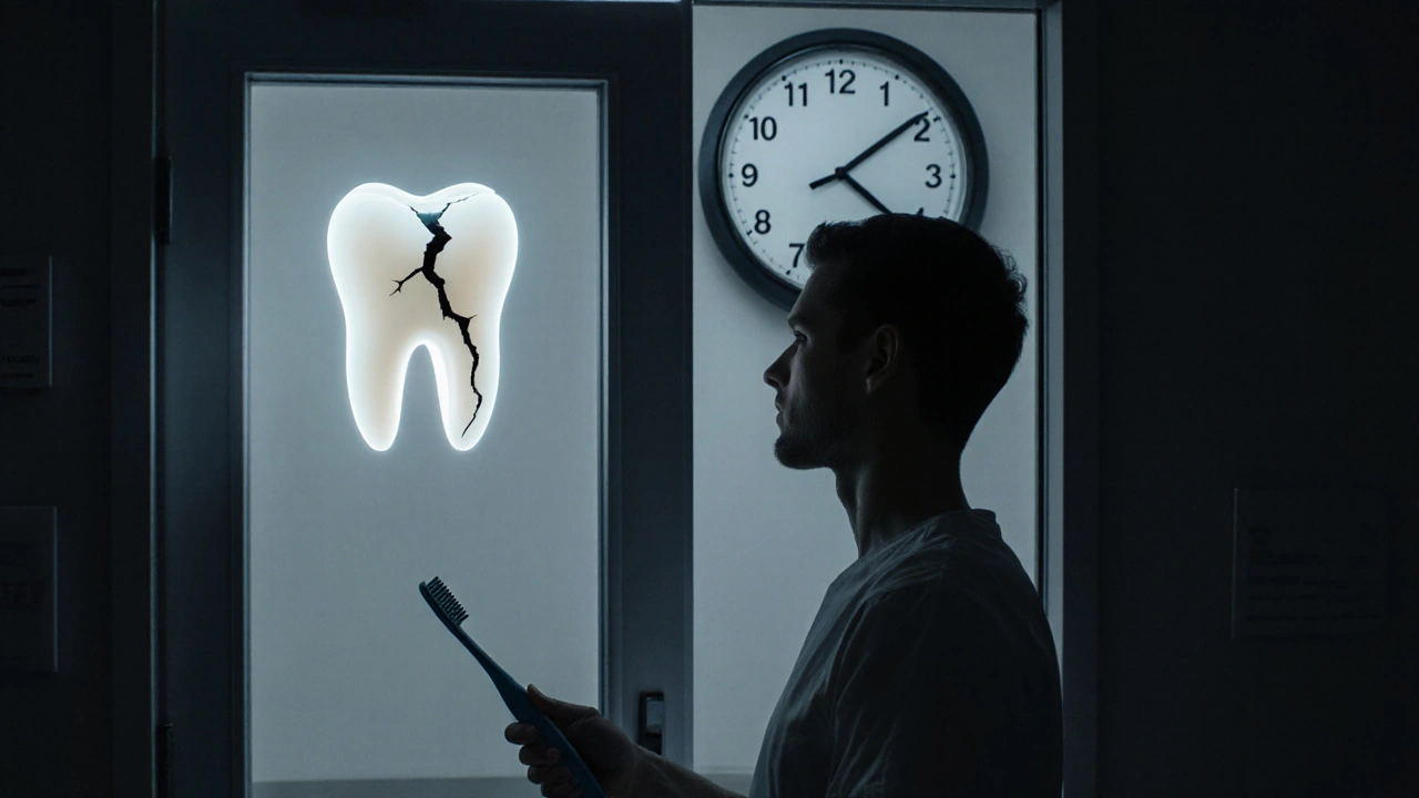 Pacient před zubní klinikou, nad ním prasklý zub a hodiny naznačující zpožděnou léčbu.