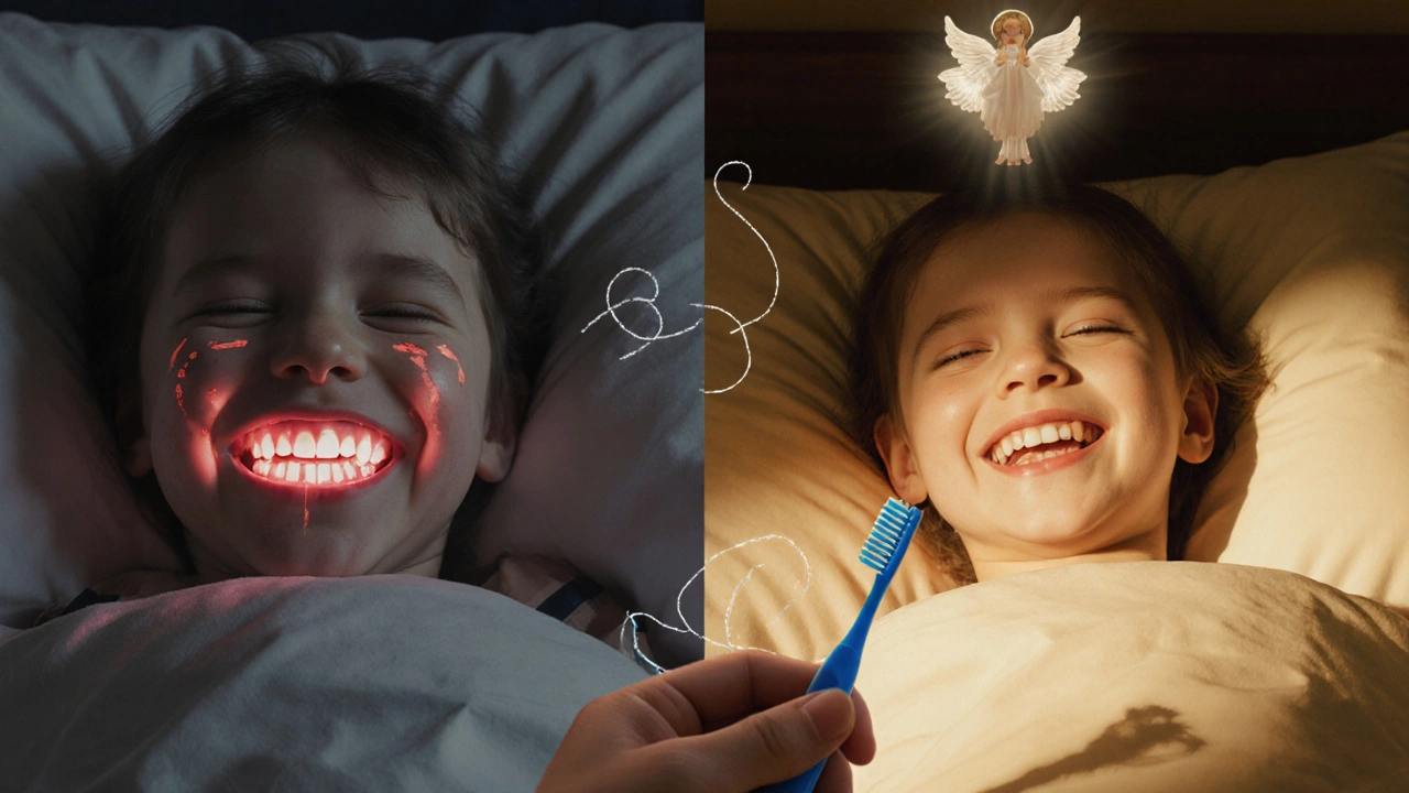 Porovnání neklidného a klidného spánku dítěte s a bez zubního kamene.