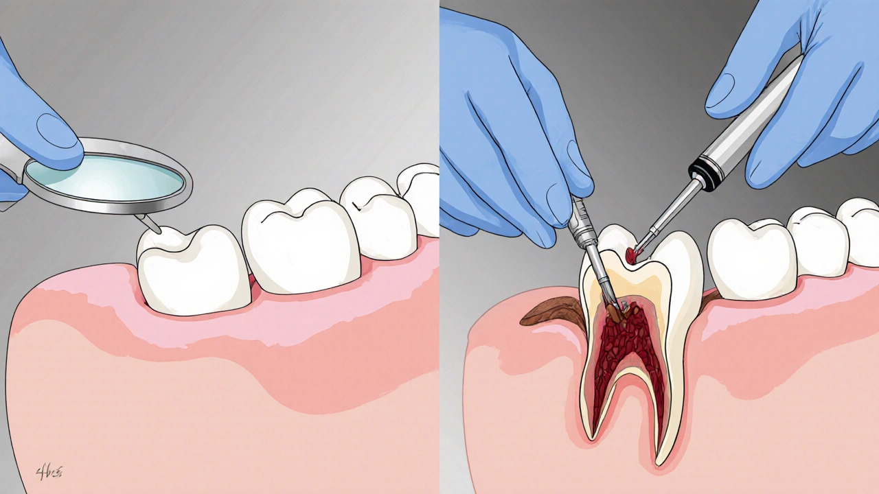 Rozdělený obrázek ukazuje jednoduchou a chirurgickou extrakci zubu, včetně nástrojů a kostní struktury.