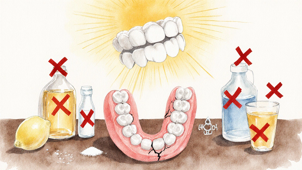 Škodlivé domácí prostředky a čistá protéza v kontrastu.