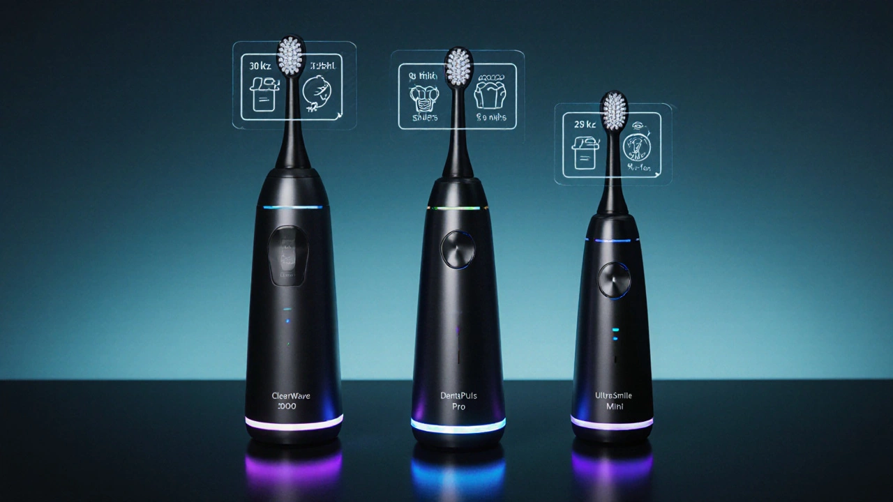 Stylové 3D zobrazení tří modelů ultrazvukových čističů vedle sebe s jemným světelným zvýrazněním.