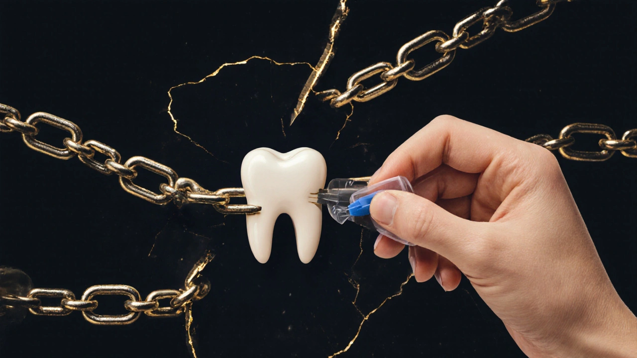 Symbolický obraz poškozeného řetězu zubů s odstraněným nalepovacím zubem.