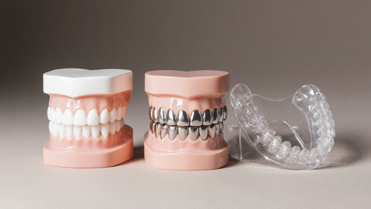 Tři dentální modely – keramické rovnátka, kovová rovnátka a Invisalign.