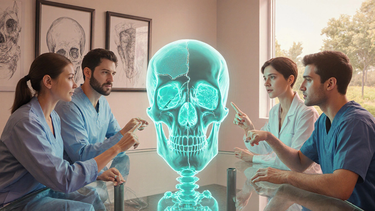 Tým specialistů diskutuje hologram pacientovy tváře a čelistí.