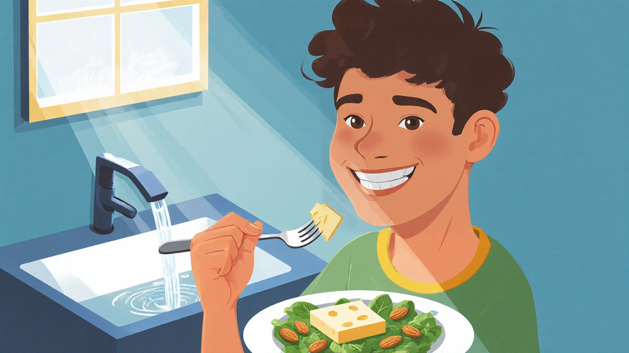 Usmívající se osoba s neviditelnými rovnátky jí zelený salát, sýr a ořechy po uplynutí intervalu.