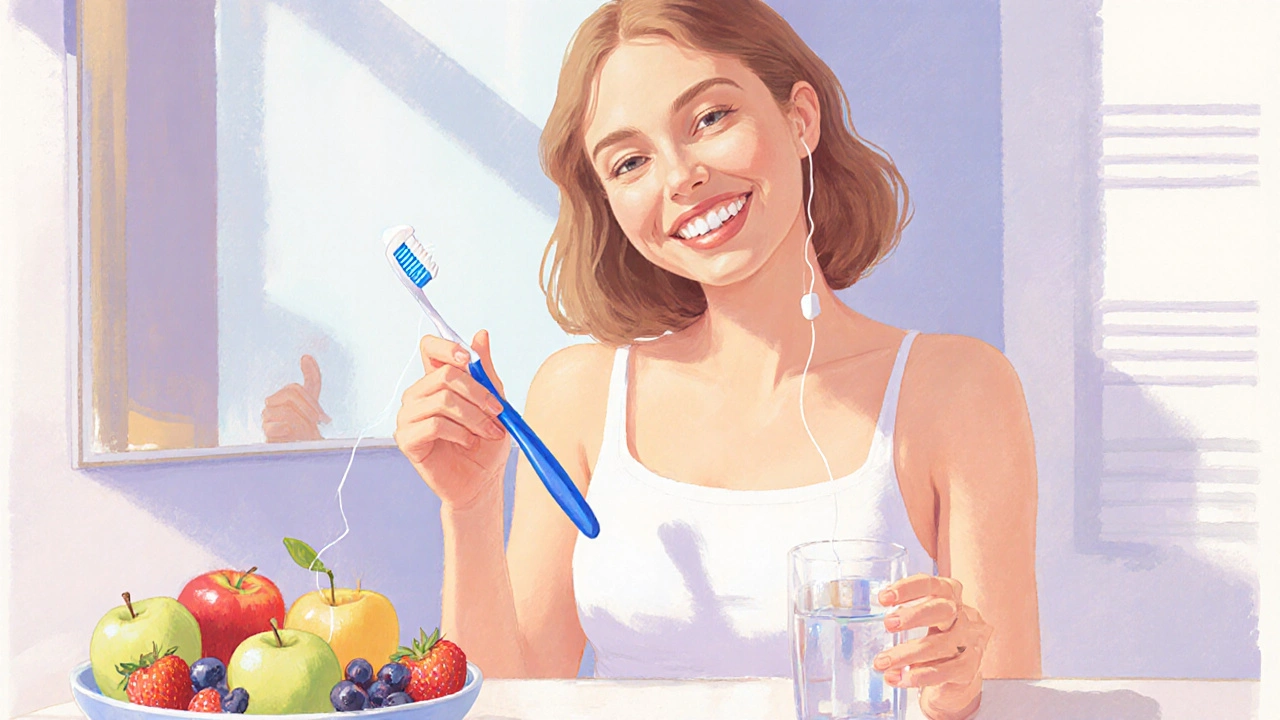 Žena po čištění zubů s kartáčkem, nití a zdravými potravinami.