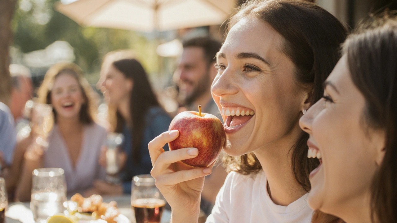 Člověk kousá do jablka a směje se s přáteli v kavárně s přirozeným úsměvem.
