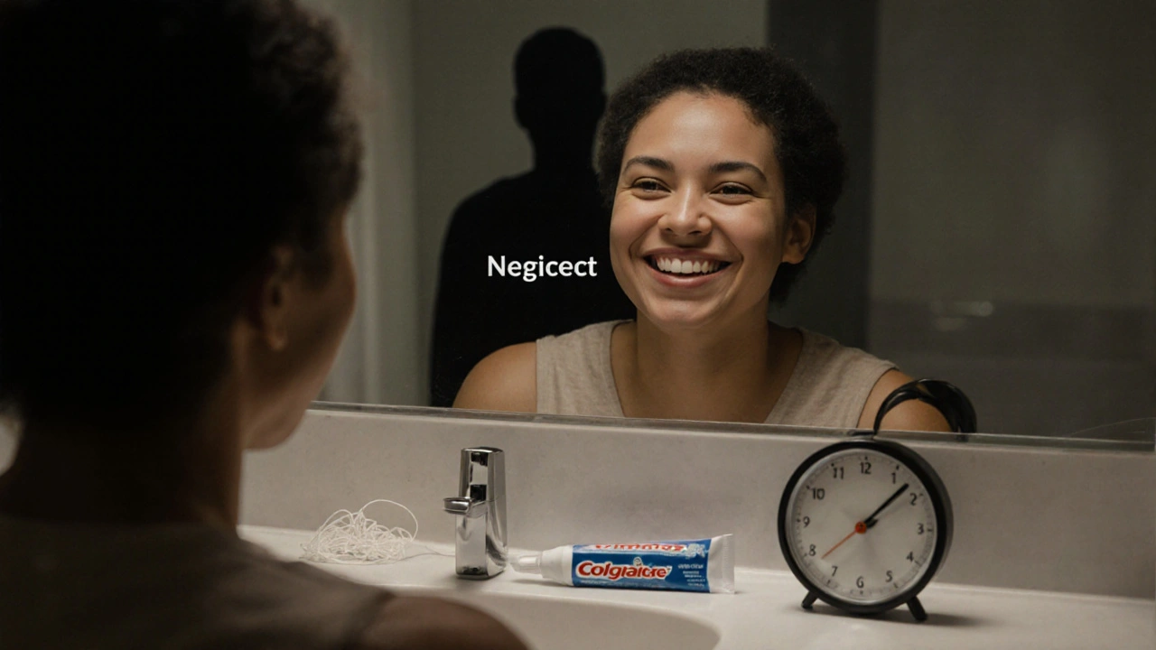 Člověk se dívá do zrcadla, jeho zuby svítí zdravě, zatímco stín zanedbávání mizí.