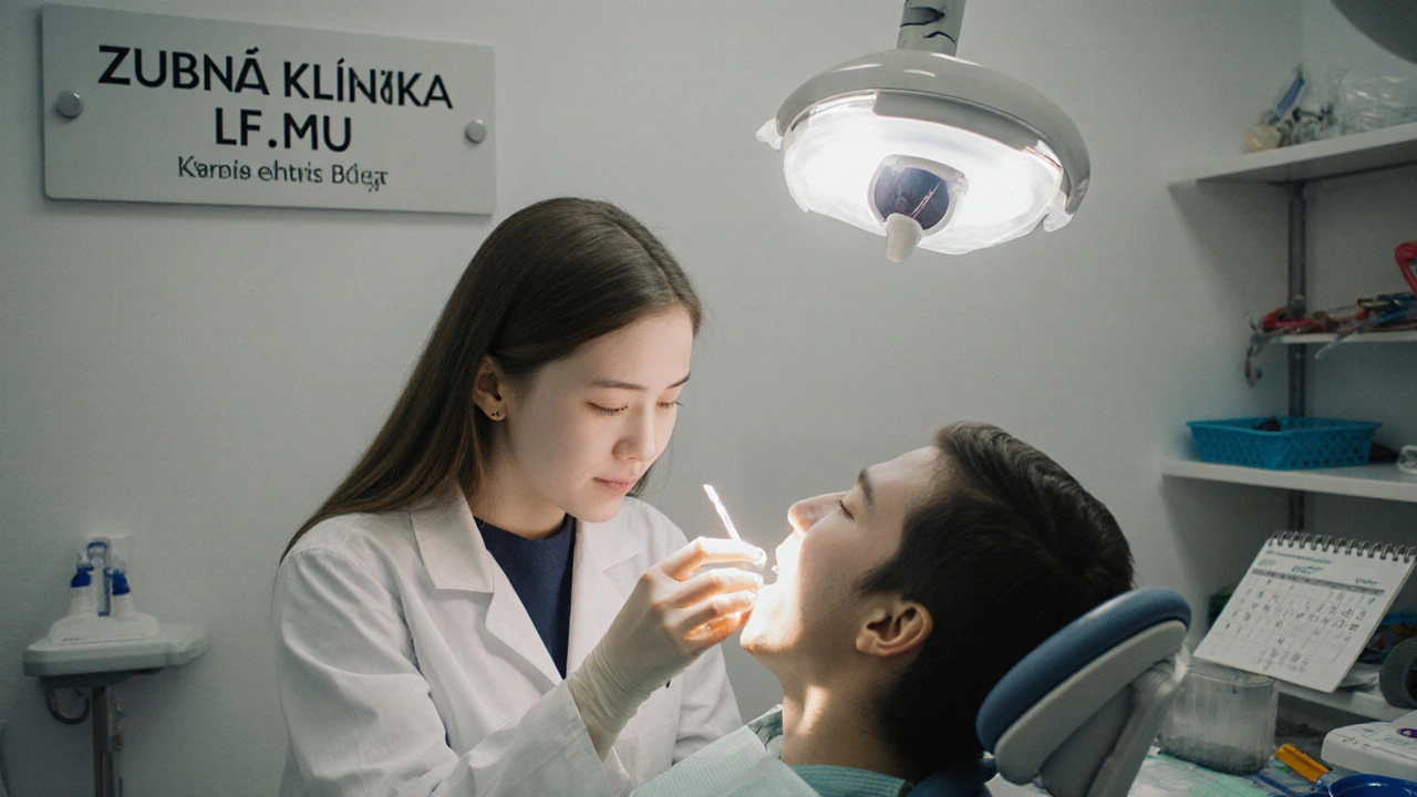 Dentální klinika na univerzitě, studentka vyšetřuje pacienta pod zubní lampou.
