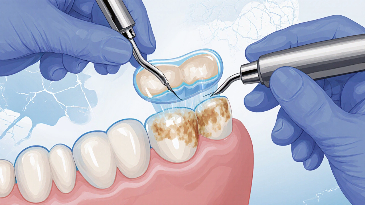 Dentista připevňuje tenké keramické fazety na zuby s přesnými nástroji.