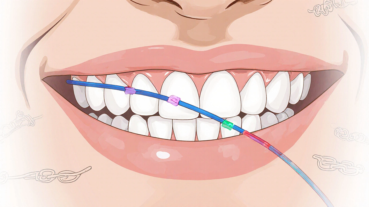 Detailní záběr gumičky napnuté mezi držáky na horních a dolních zubech.