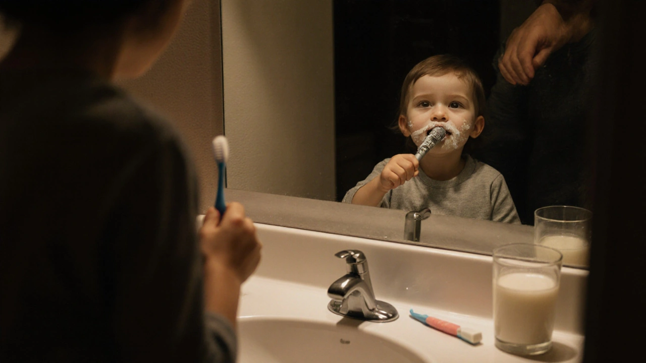Dítě čistí zuby večer v koupelně, rodič pomáhá, na stole je sklenice mléka a kartáček.