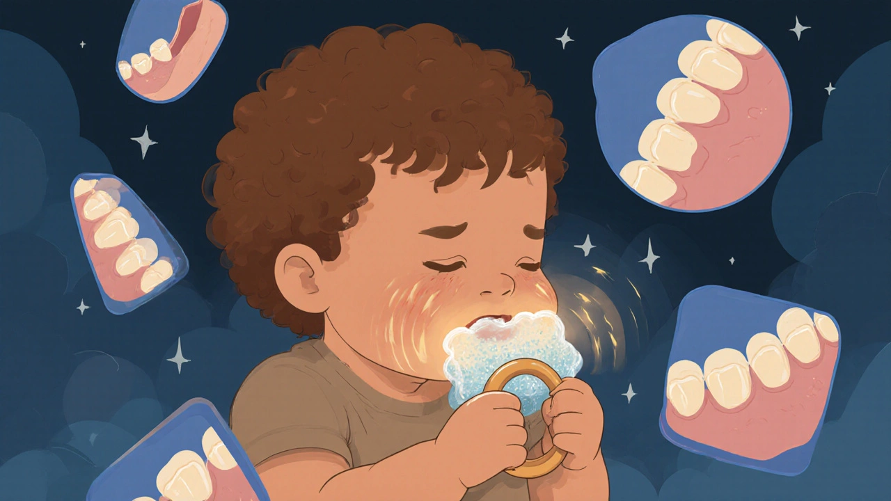 Dítě drží chladný zubní kroužek, mírná horečka je vidět jako záře.