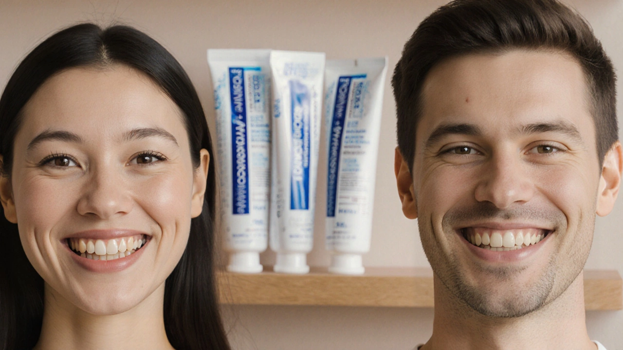 Dva lidé se usmívají: jeden s přirozeně zbarvenými zuby, druhý s matně poškozenými, vedle nich tři zubní pasty.