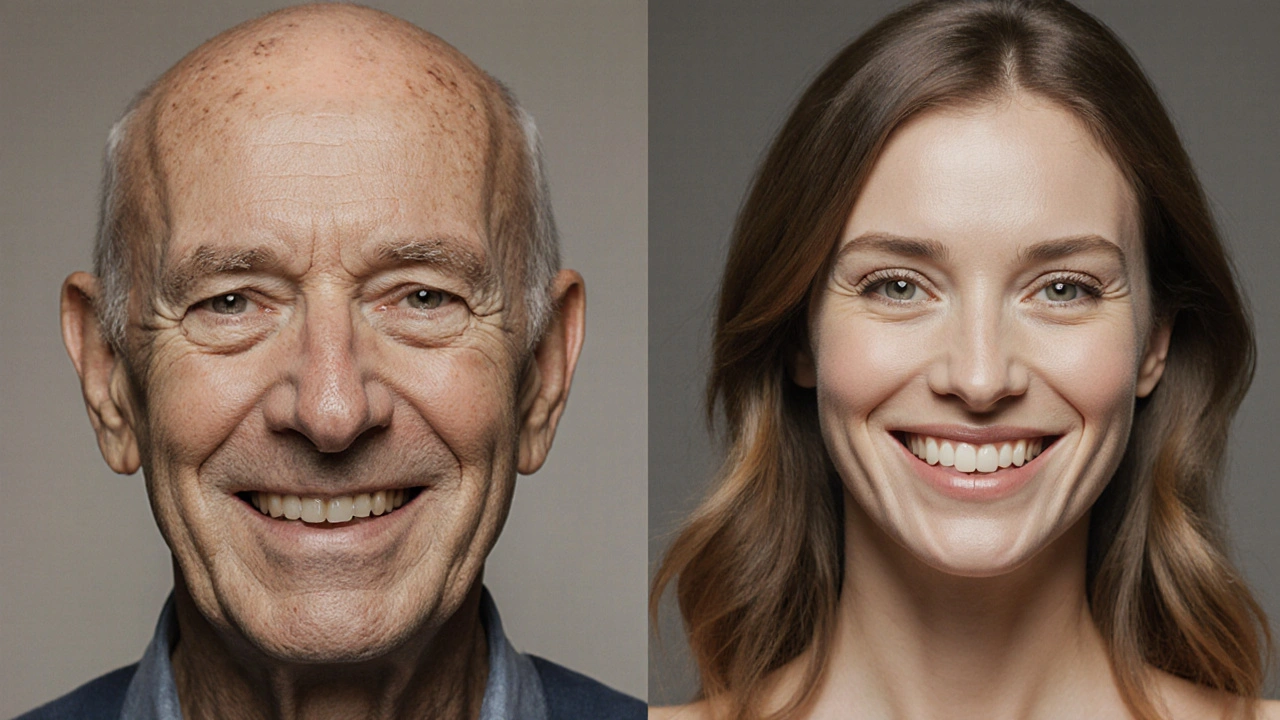 Dvoustranný obraz tváře: stará s chybějícími zuby a mladá s implantáty.
