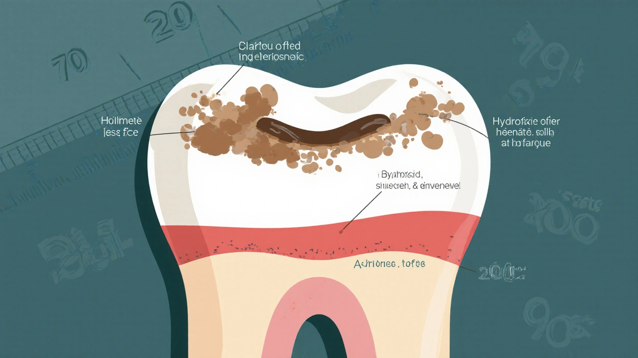 Křížový řez zubu s povrchovými skvrnami a abrazivními částicemi, které je odstraňují, s označením RDA.