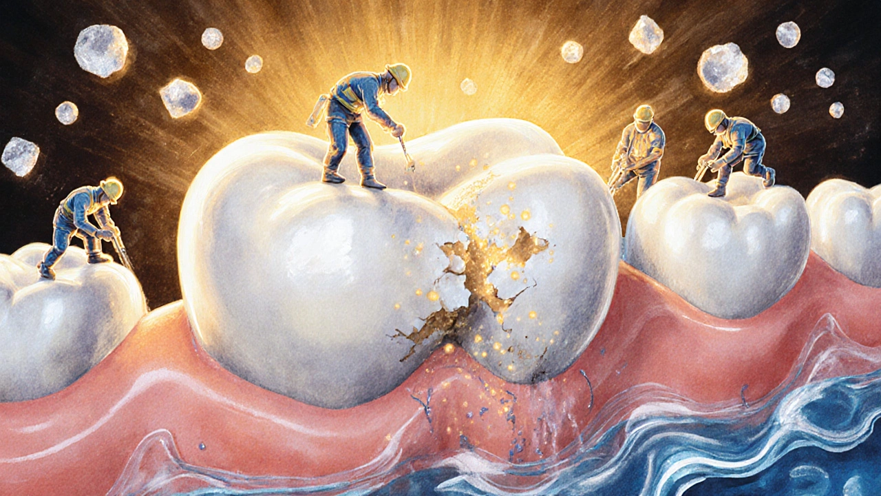 Miniaturní ionty vápníku a fluoru obnovují zubní sklovinu jako stavební dělníci.