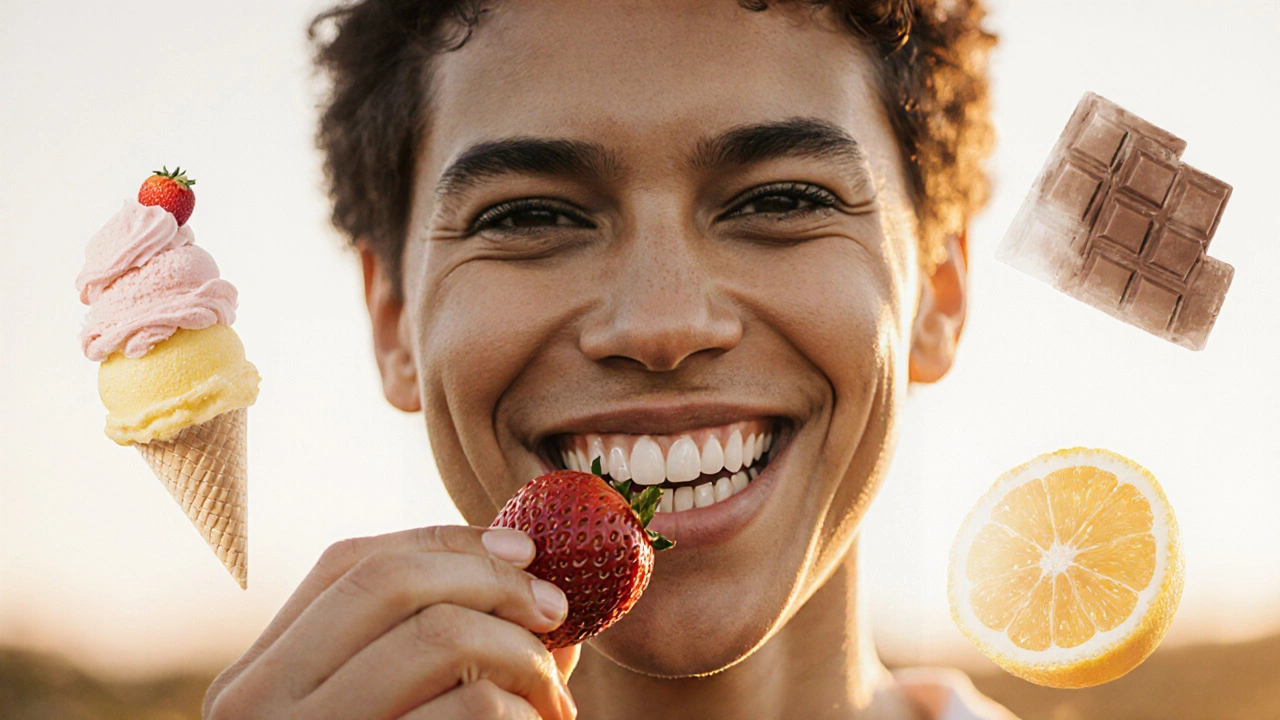 Osoba se usmívá, když jí čerstvou jahodu, zuby s keramickými vložkami.