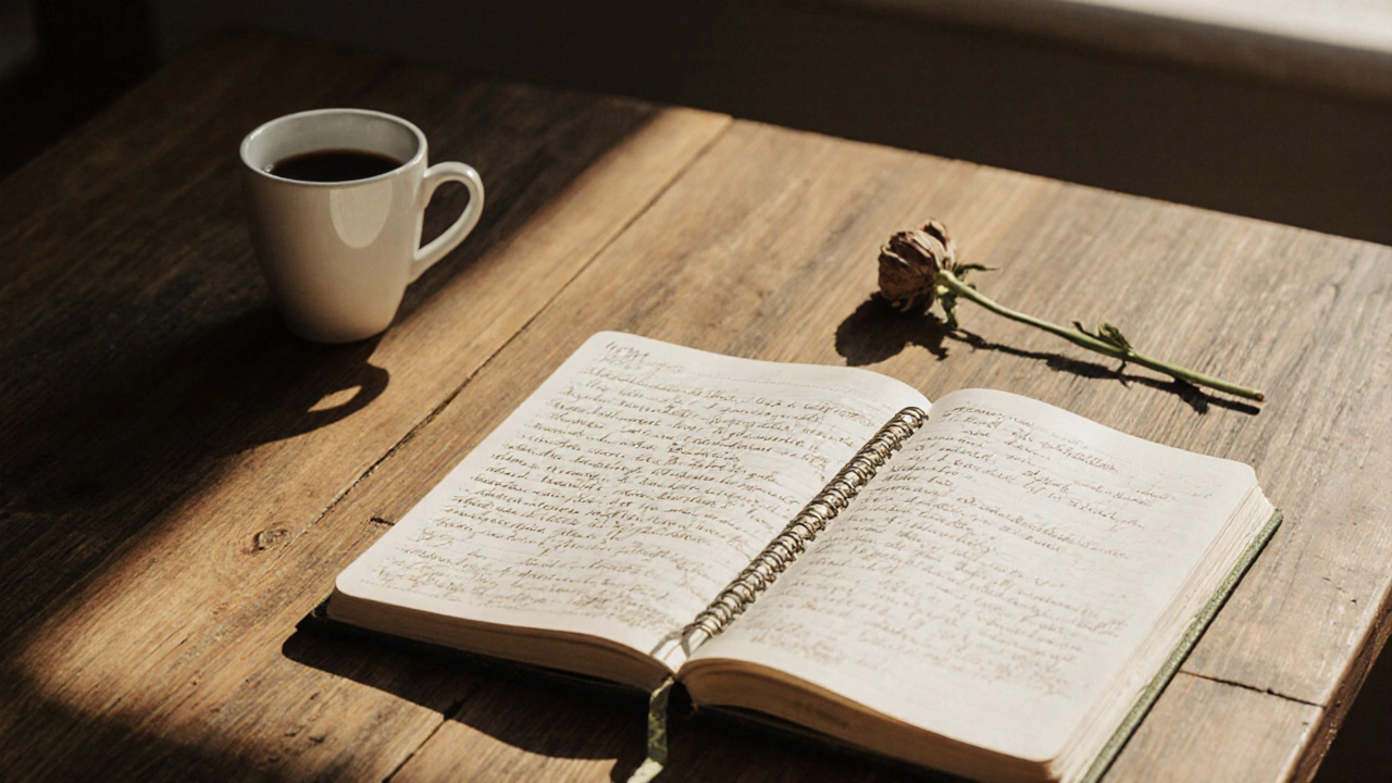 Otevřený deník s popisy snů, káva a větvička květiny na dřevěném stole.