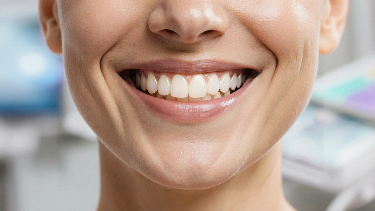 Pacient se usmívá s přirozeně vypadající zubní plombou, která se slévá s původní sklovinou.