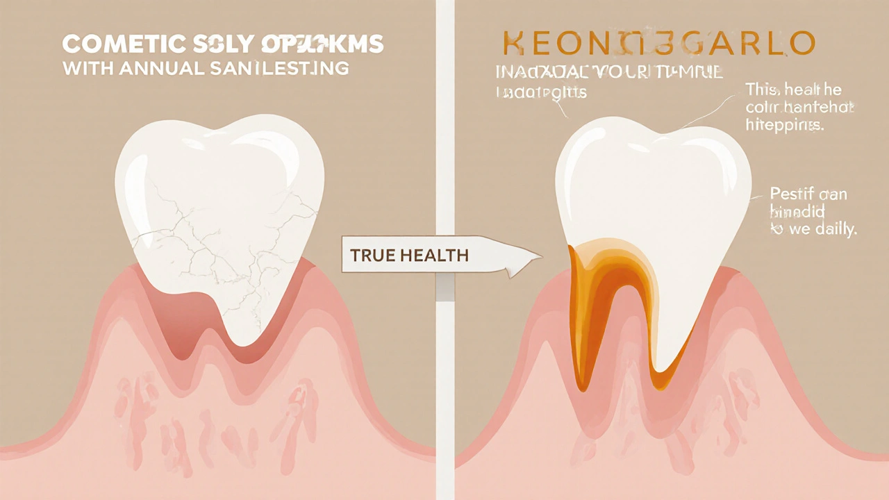 Porovnání kosmetického pískování a skutečné zubní hygieny – poškozený vs. zdravý zub.