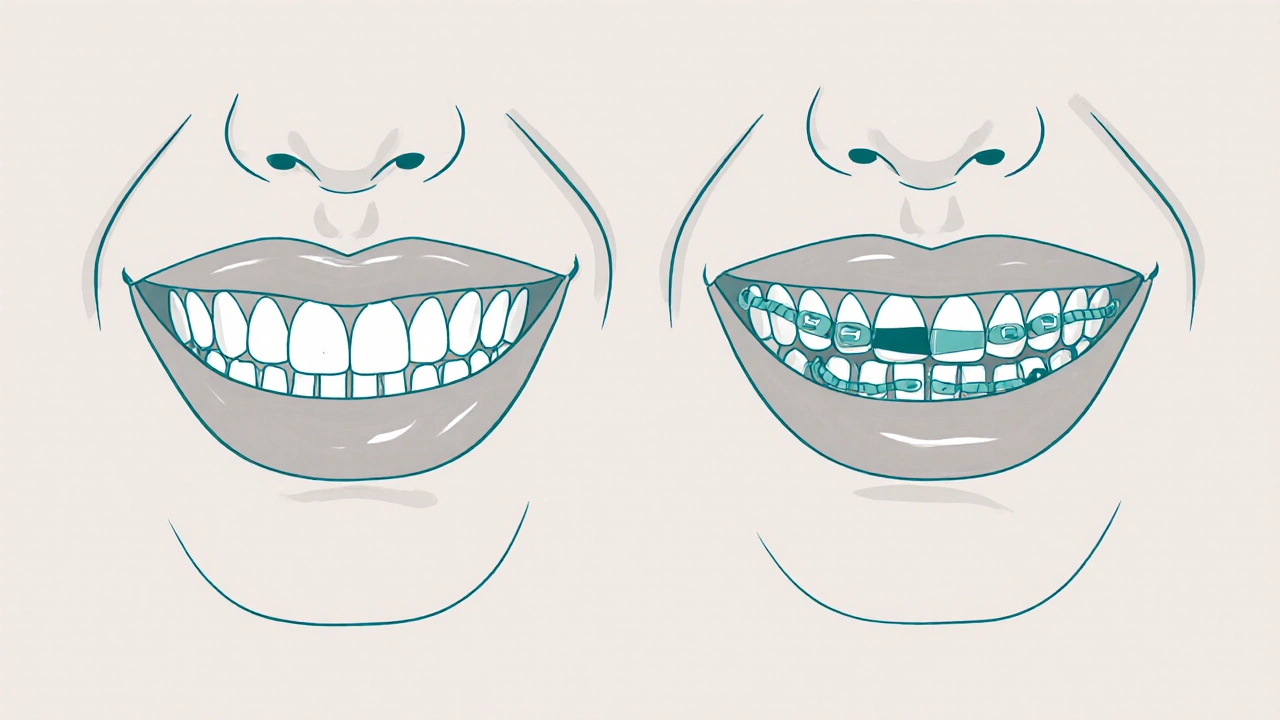 Porovnání špatného a správného sevření zubů s a bez gumiček.