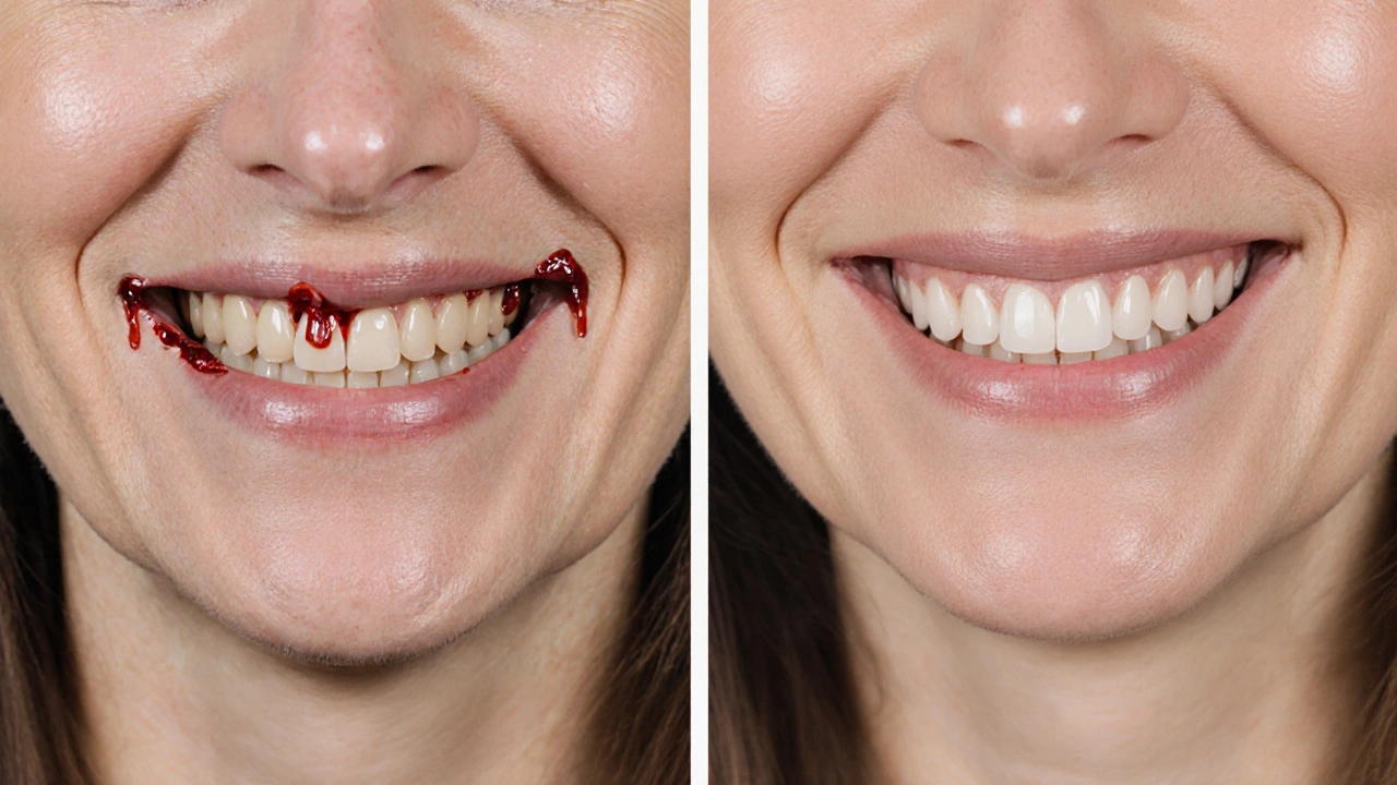 Před a po: zánětlivé dásně vs. zdravé dásně po odstranění kamene.