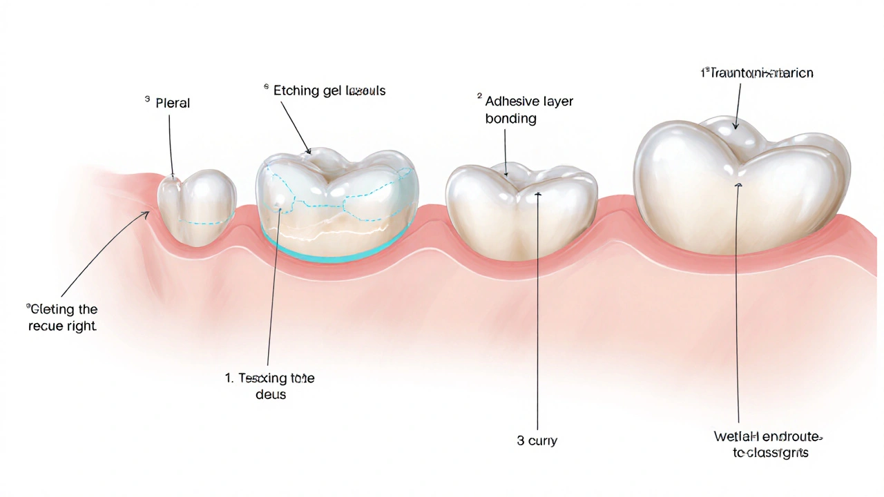 Přehledný náčrt procesu výplně zubu: etování, lepení a vrstvení kompozitu pod světlem.