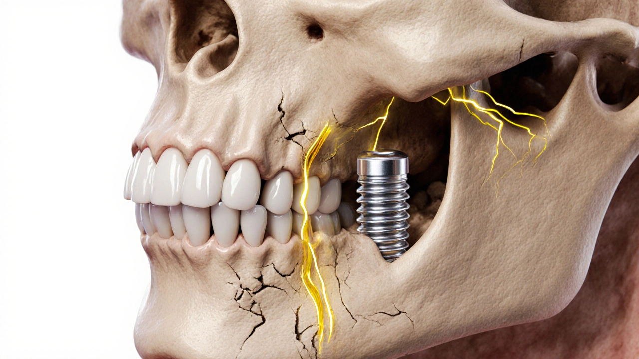 Průřez čelistí s implantátem, který stimuluje růst kosti, proti zanikající kosti.