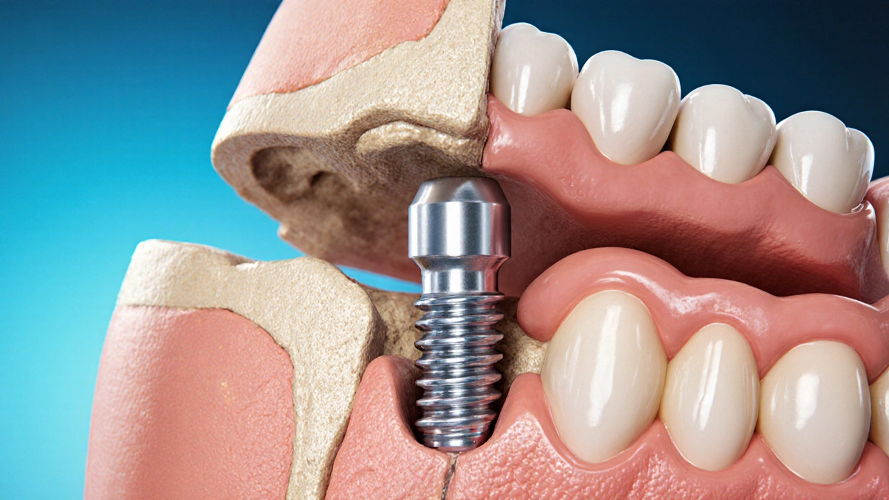 Průřez čelisti s implantátem spojeným s kostí a protézou na dásni.