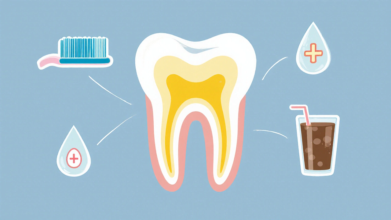 Průřez dětského zubu s přehledem tenké sklovinky a žlutého dentinu, doprovázený ikonami příčin zbarvení.