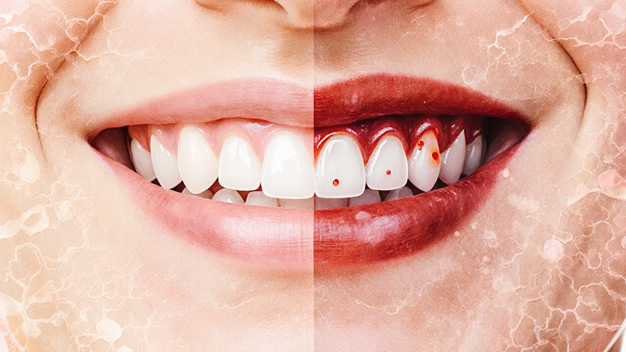 Srovnání zdravých a zánětlivě změněných dásní u předních zubů s bakteriálním plakem.