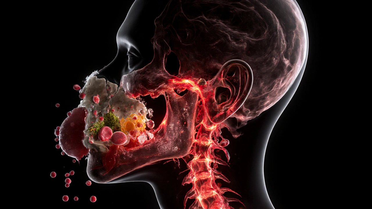 Symbolický obraz rozkladu krevní sraženiny a šíření zánětu směrem k uchu.