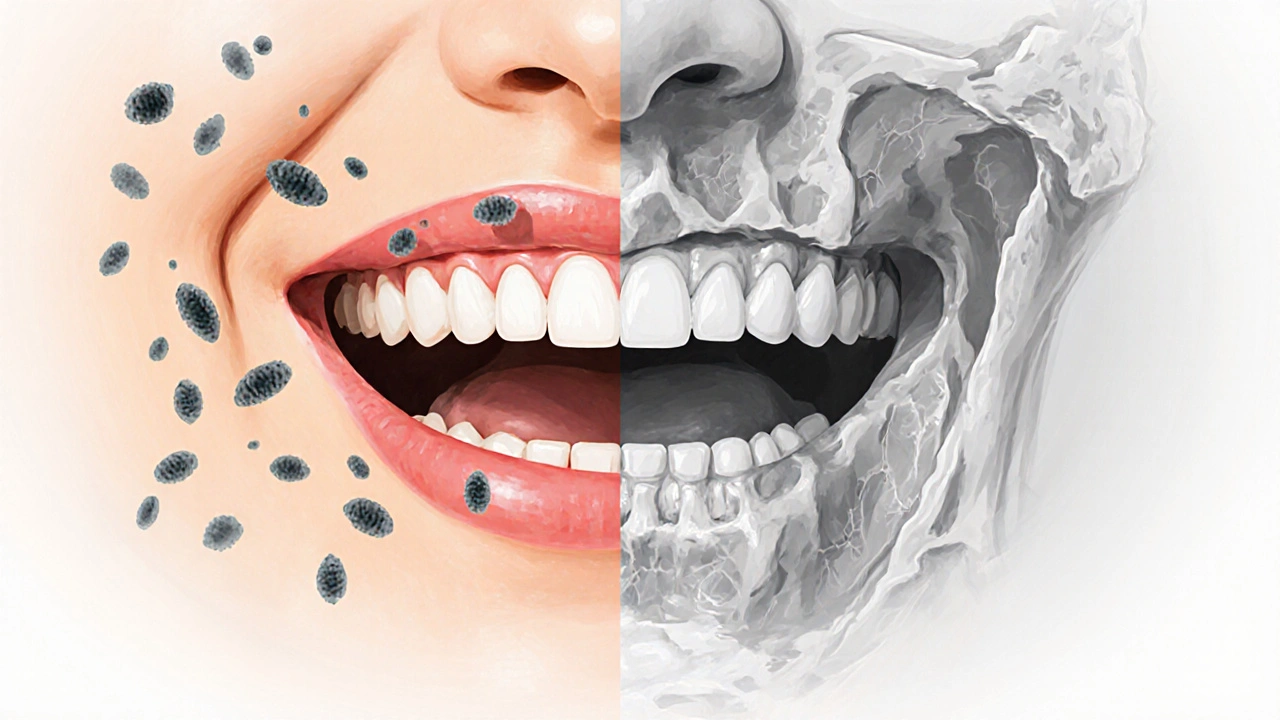 Symbolický obraz rozpadu kosti kolem zubu způsobeného zánětem v mezere mezi zuby.