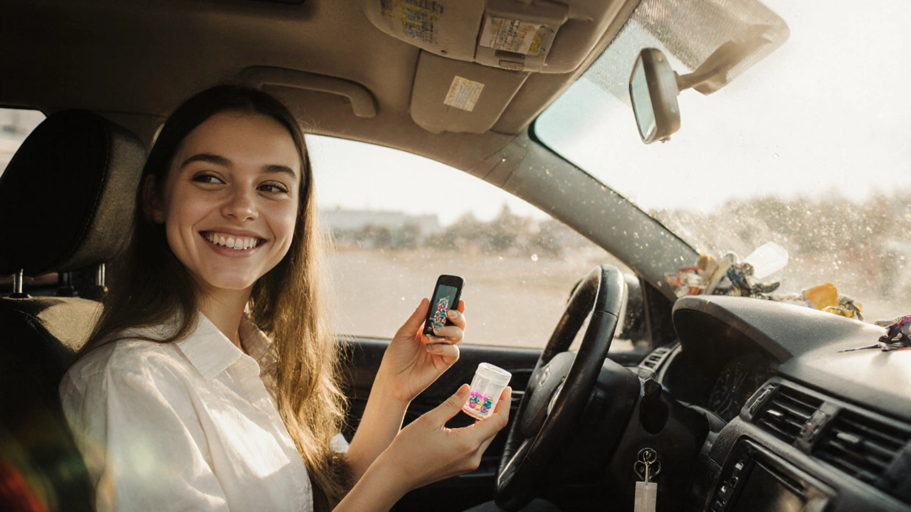 Teenager v autě si kontroluje gumičky na rovnátka s malým zrcátkem.