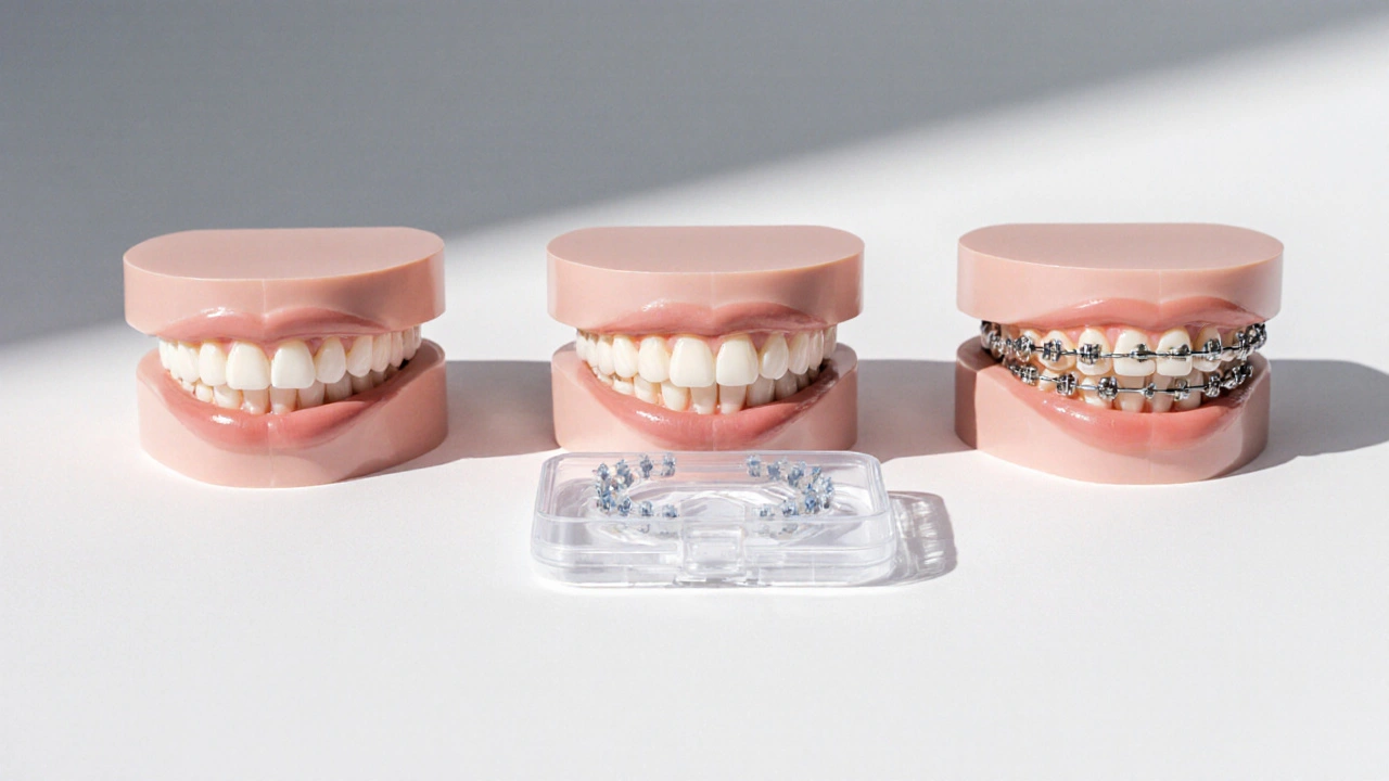 Tři zubní řešení: keramické plátky, průhledná rovnátka a kovová brána na předních zubech.