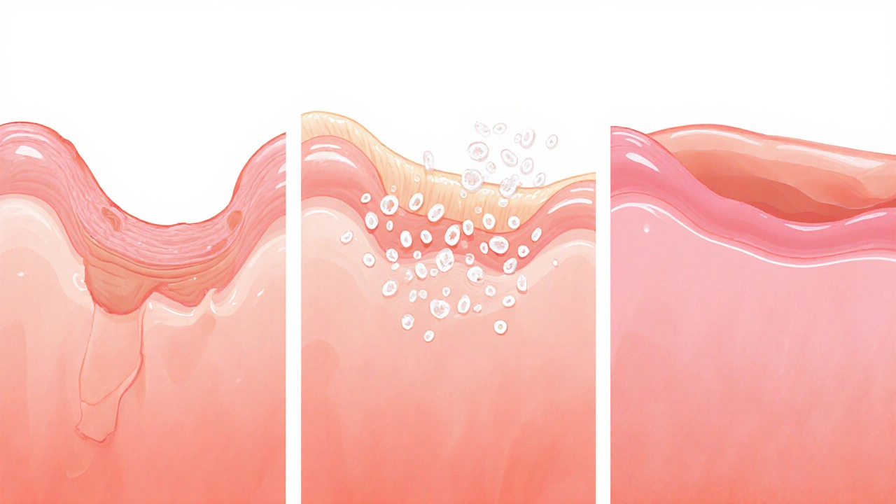 Vizualizace hojení dásně: poškození, regenerace a obnova sliznice.