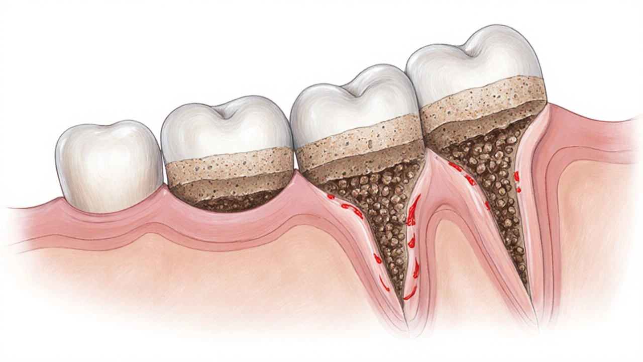 Vývoj zubního kamene pod dásní s bakteriemi a odtrháváním dásně od zubu.