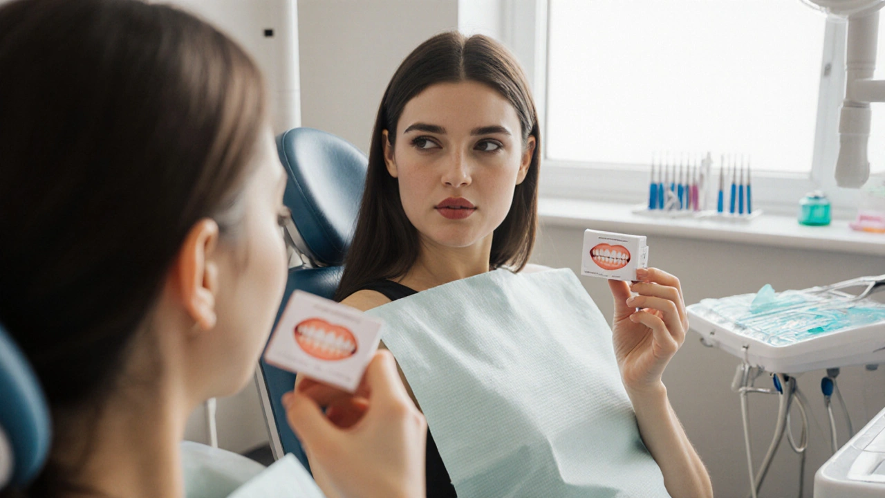 Žena v zubní klinice drží krabičku s nalepovacími zuby a dívá se do zrcadla.