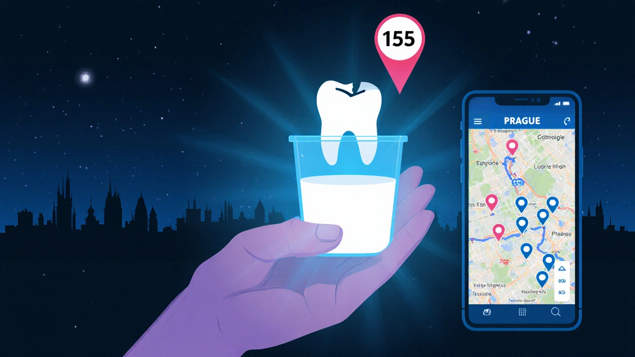 Zlomený zub v mléce vedle telefonu s číslem 155 a mapou pohotovostí v Praze.