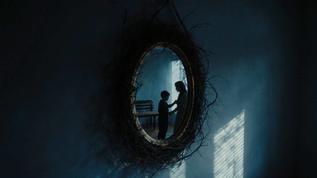 Zrcadlo odrazí snové scény: chlapec se obrací, ona táhne po něm, mezi nimi prázdná lavička.